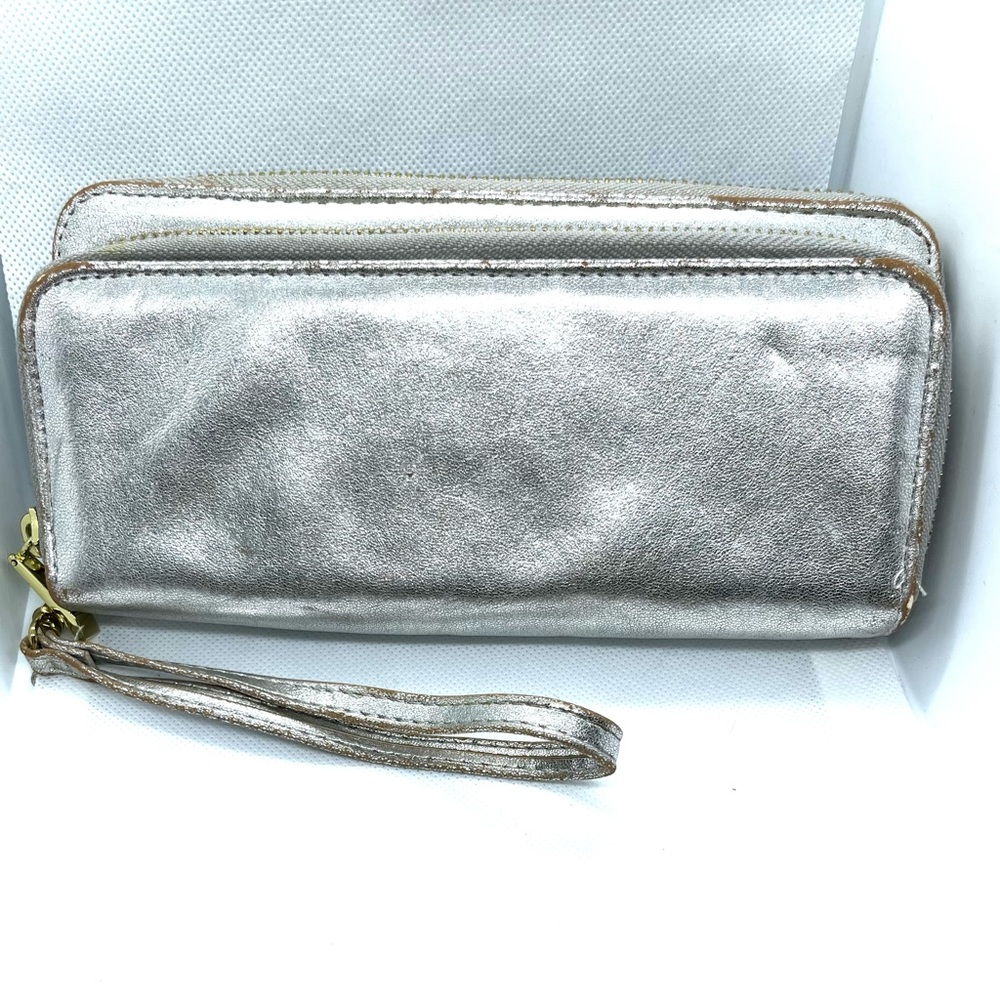 Silver Metallic Clutch/Wristlet Gold Hardware - Dual-Compartment with Card Slots
